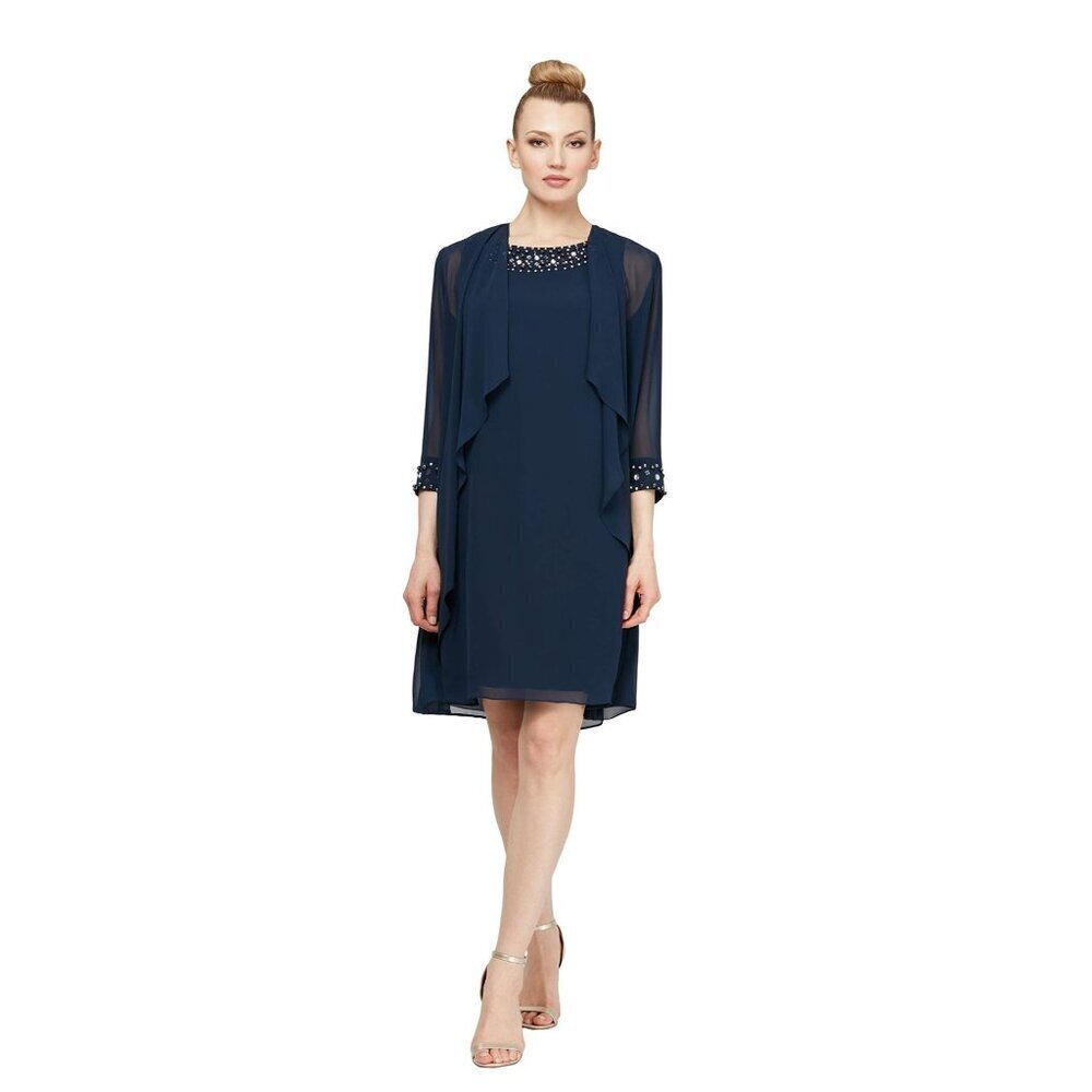 NWT R&M Richards Women's Chiffon Tier Jacket Dress with Bead Neck, Deep Navy, 18